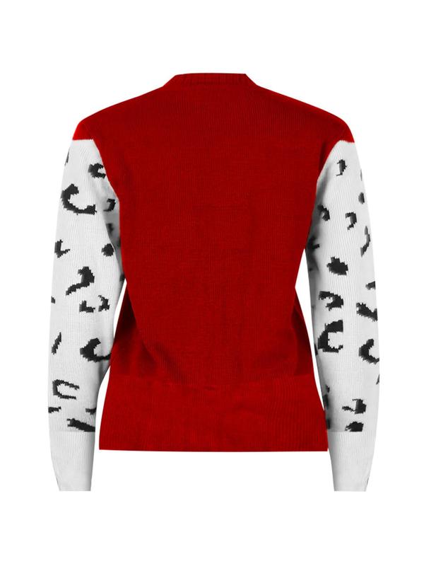 Women's Leopard Print Drop Shoulder Sweater, Casual Long Sleeve Round Neck Jumper for Fall & Winter, Fashion Ladies' Knitwear for Daily Wear for Christmas