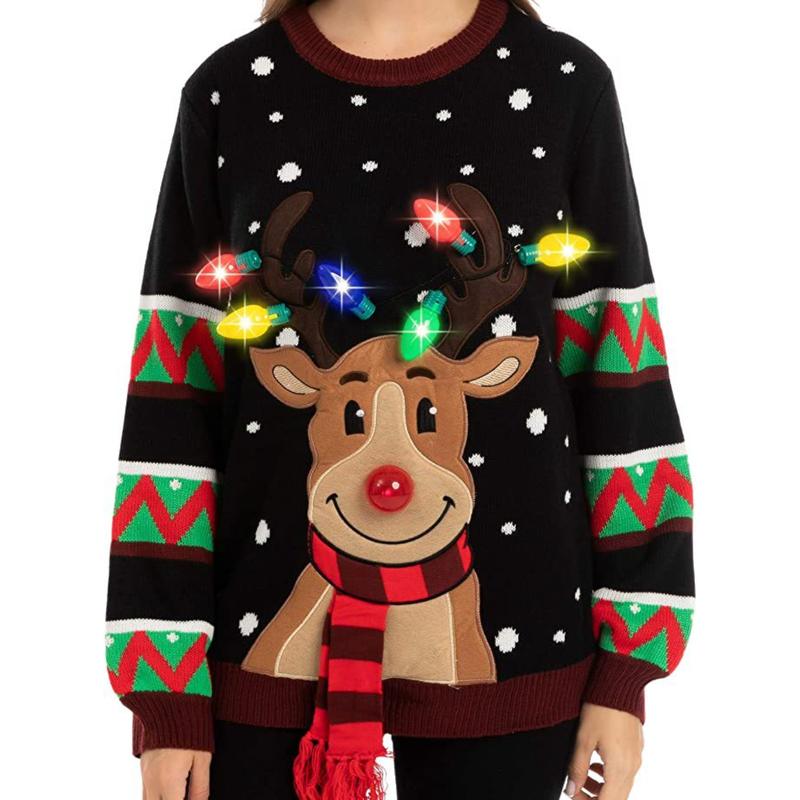 Women's Light Up Ugly Christmas Sweater with Light Bulb Reindeer Christmas Ugly Sweater Christmas Moose Knit Men's and Women's Couples Red Black