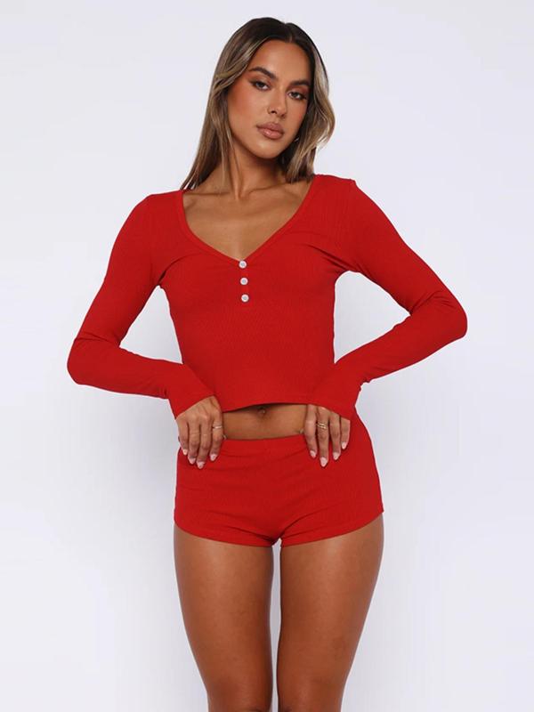 Two-Piece Set Women's Solid Long Sleeve Crop Top & High Waist Shorts Set, Fall Clothes, Comfort Basic Casual Button Front V Neck Top & Shorts Two-piece Set for Spring & Fall, Women's Two-piece Outfits, Fall Outfits, Fallfreshness, Fall Gift