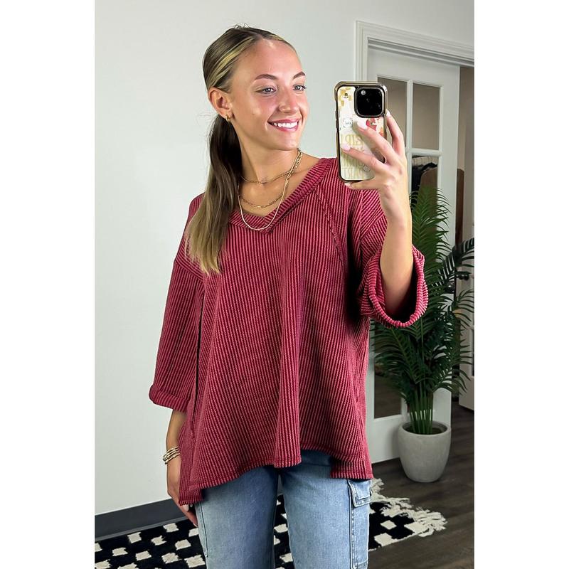 Relaxed Rhythm Corded Rib V-Neck Top - FINAL SALE