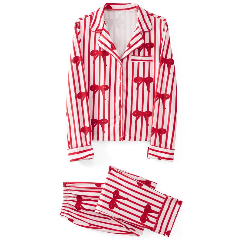 New Red Christmas Pajamas For Family Lapel Neck Button-up Long Sleeve Tops Long Pants 2-Piece Bow Solid Color Loungewear Outfit