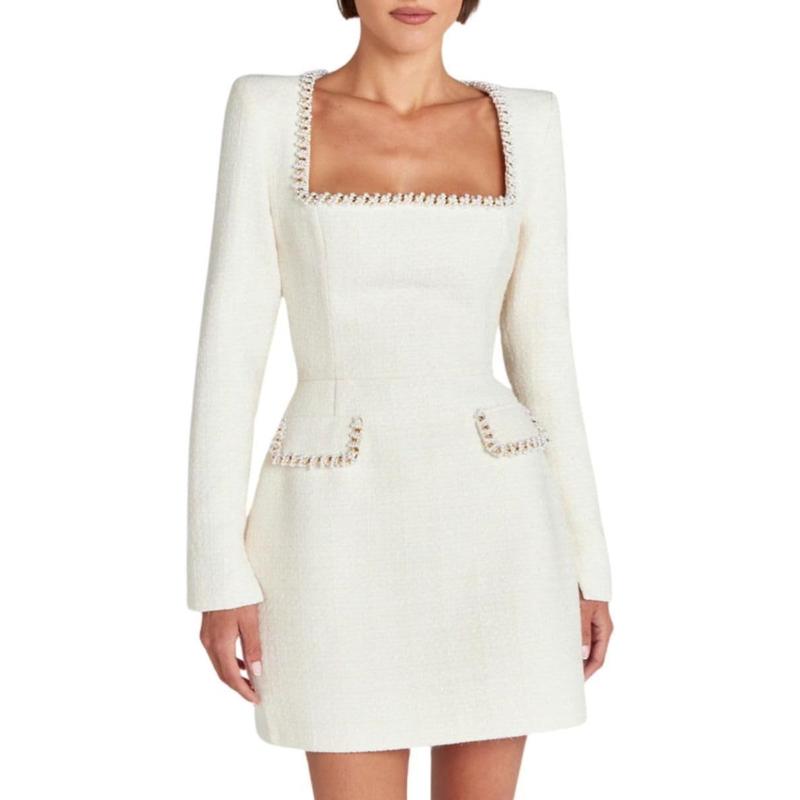 Women's Tweed Mini Dress Elegant Square Neck Long Sleeve High Waist A-Line Party One-piece Slim Short Dress Temperament Slim Slim U Neck Long Sleeve Beaded Little Fragrance Dress