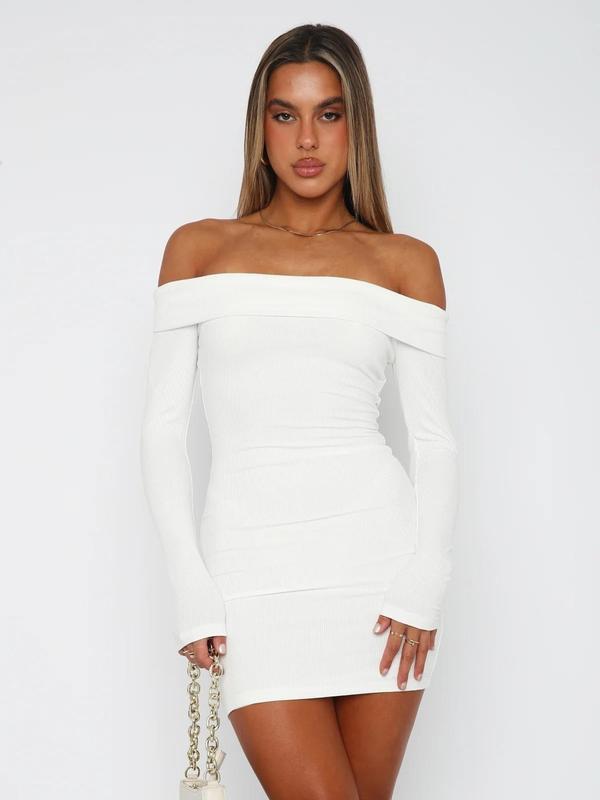 Women's Solid Off Shoulder Ribbed Bodycon Dress, Elegant Fashion Long Sleeve Mini Dress for Party Club Dating Wear, Women Dress for Fall & Winter