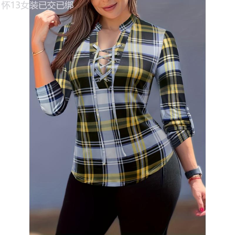 Elegant Plaid V-neck Tie-Front Blouse  Versatile, Breathable & Easy-Care Women's Top for Spring Fall Collar Fabric pleated blouse knitted shirt