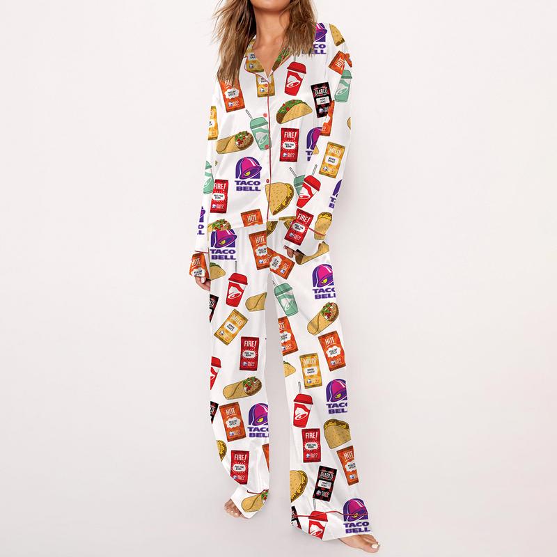 Taco Bell Pajama Set For Women Print Comfy Satin Sleepwear & Loungewear Pjs Short Sleeve Top & Bottoms Shorts Without Pockets - SHESHOW