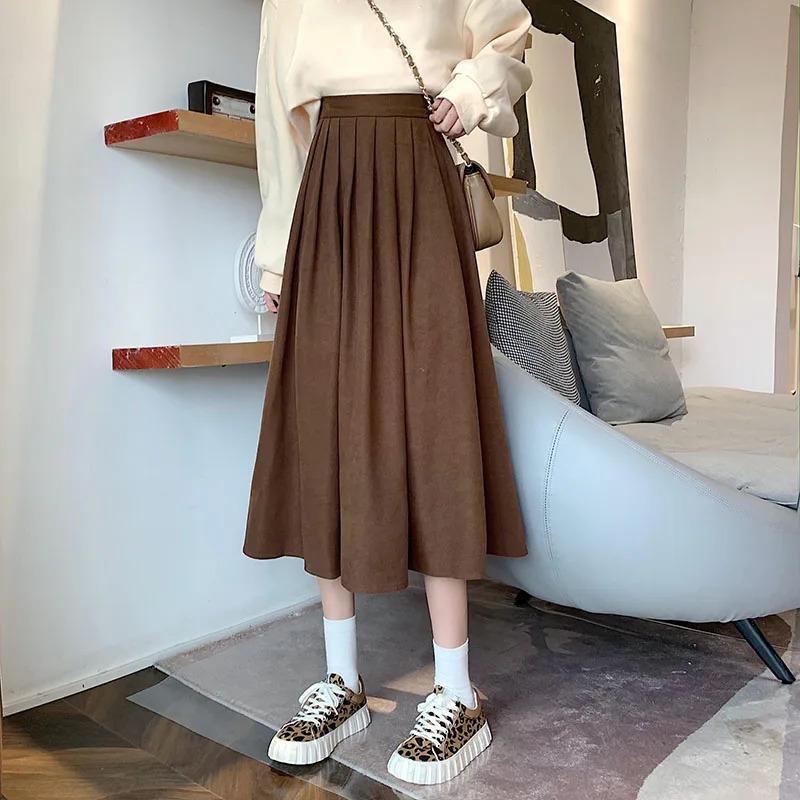 Fall Winter Women's Pleated Skirts Vintage High Waist Corduroy Long Skirt Woman Streetwear Simple All-match A-line Midi Skirts