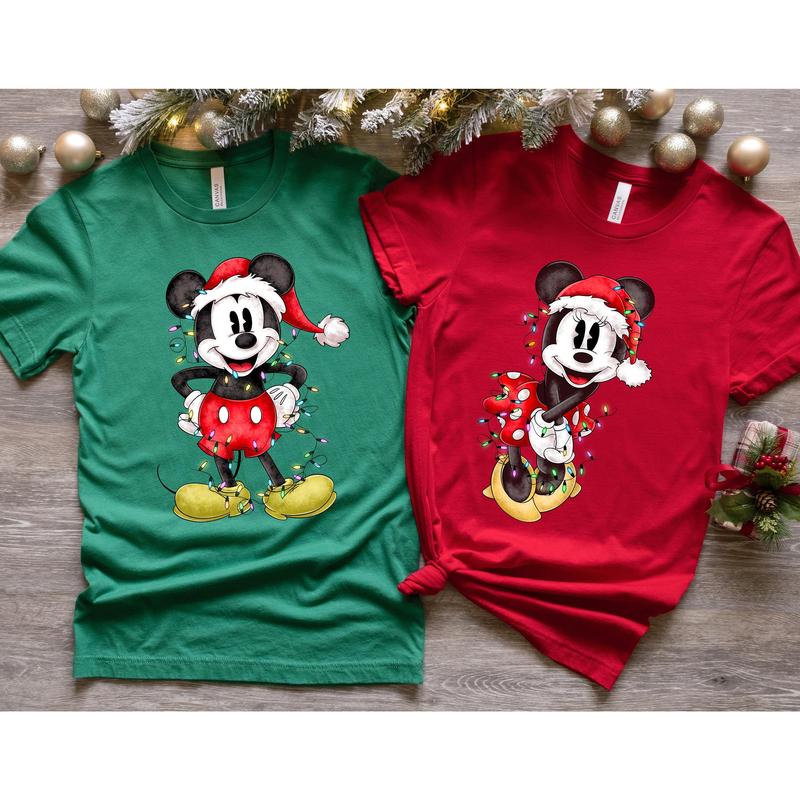 Cartoon Couples Mickkey and Minniie Mouse Christmas Lights T-Shirt, Mickkey's Very Merry Xmas Party Tee, Vacation Holiday Gift LW3RR