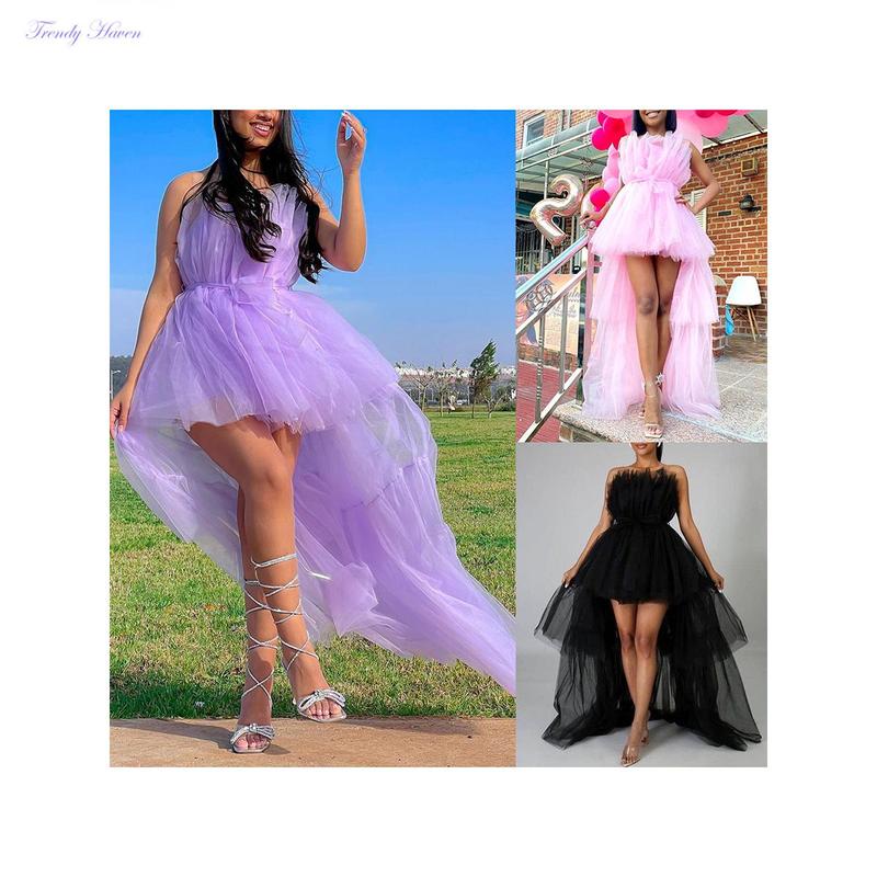 Women´s High Low Tulle Dress, Strapless Solid Color Tiered Cocktail Party Dress Prom Gown Elegant Fabric Formal Womenswear