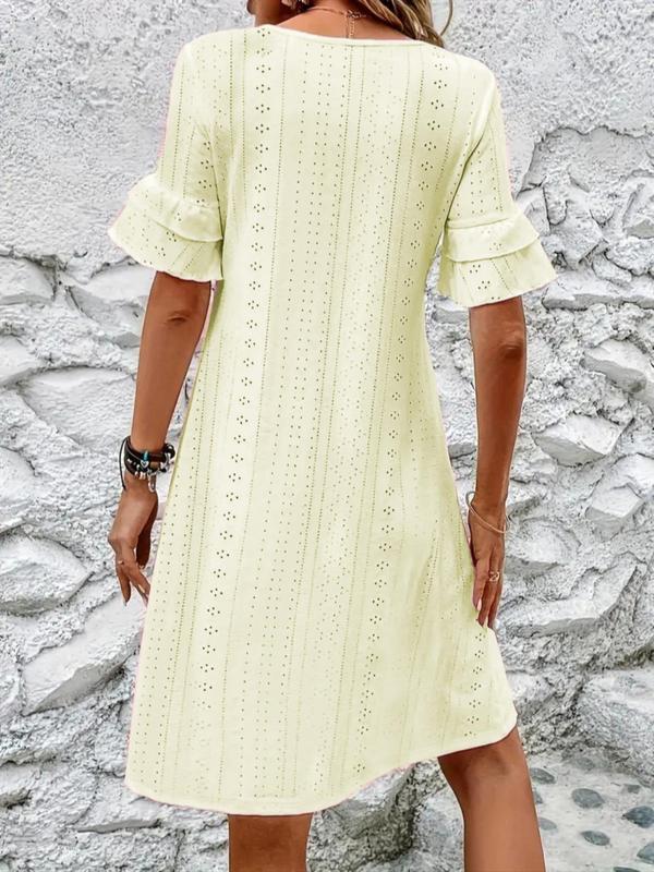  Solid Eyelet Embroidery Ruffle Trim Loungewear Dress, Casual Short Sleeve Round Neck Nightdress for Spring & Fall, Women's Sleepwear for Indoor Wear