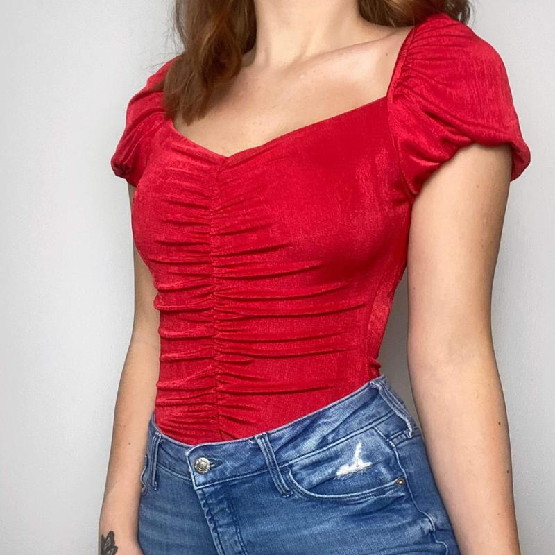 Red Puff Sleeve Sweetheart Bodysuit