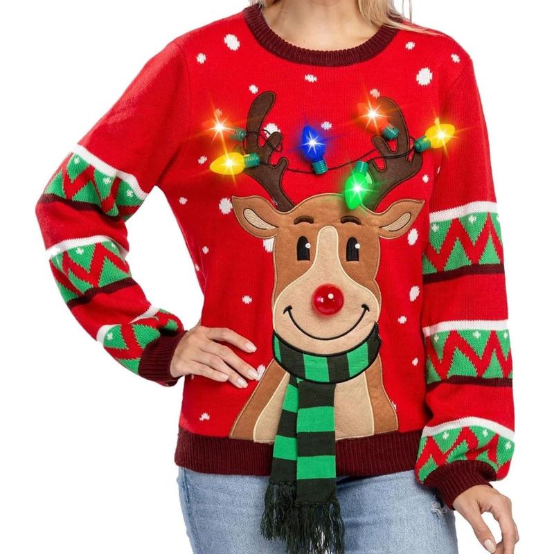 Women's Light Up Ugly Christmas Sweater with Light Bulb Reindeer Christmas Ugly Sweater Christmas Moose Knit Men's and Women's Couples Red Black