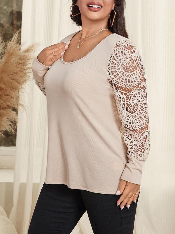 CURVZY Plus Size Contrast Lace Cut Out Bishop Sleeve Tee, Casual Long Sleeve Scoop Neck T-shirt for Daily Wear, Women's Clothing for All Seasons