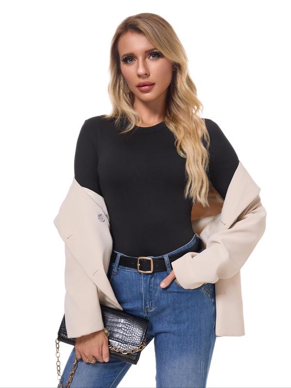 Women's Solid Long Sleeve Round Neck Bodysuit, Casual Basic Tight-fitting Snap Buttons Bodysuit, Ladies Fall & Winter Clothes for Daily Wear