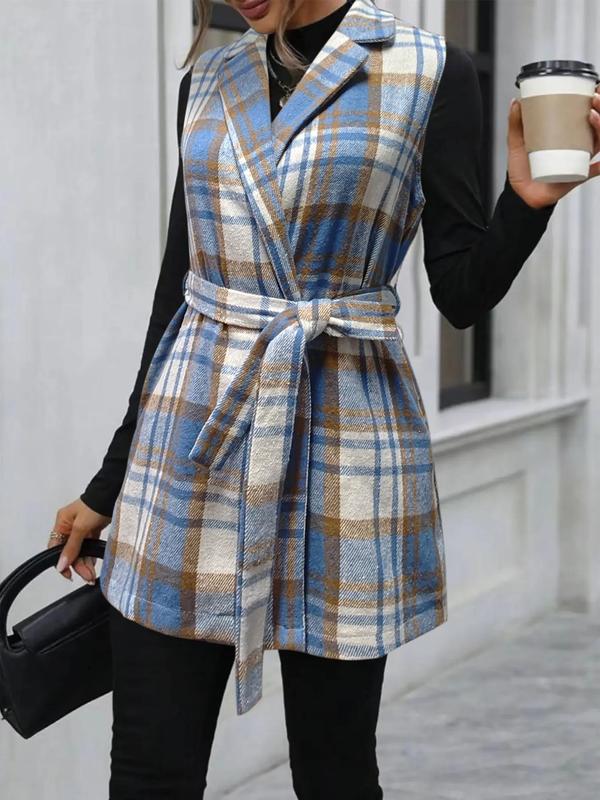 Women's Plaid Print Belted V Neck Waistcoat, Casual Fashion Comfy Gilet Coat for Daily Outdoor Wear, Women Clothes for Fall, Lady Fitted Vest Coat Womenswear, Back To School Outfit for, Halloween, Halloween Costume Tops