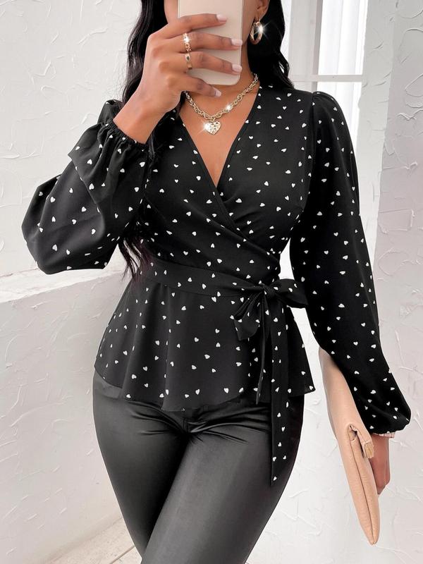 Women's Heart Print Tie Front Peplum Hem Wrap Blouse, Elegant Bishop Sleeve V Neck Top for Daily Wear, Ladies Clothes for All Seasons