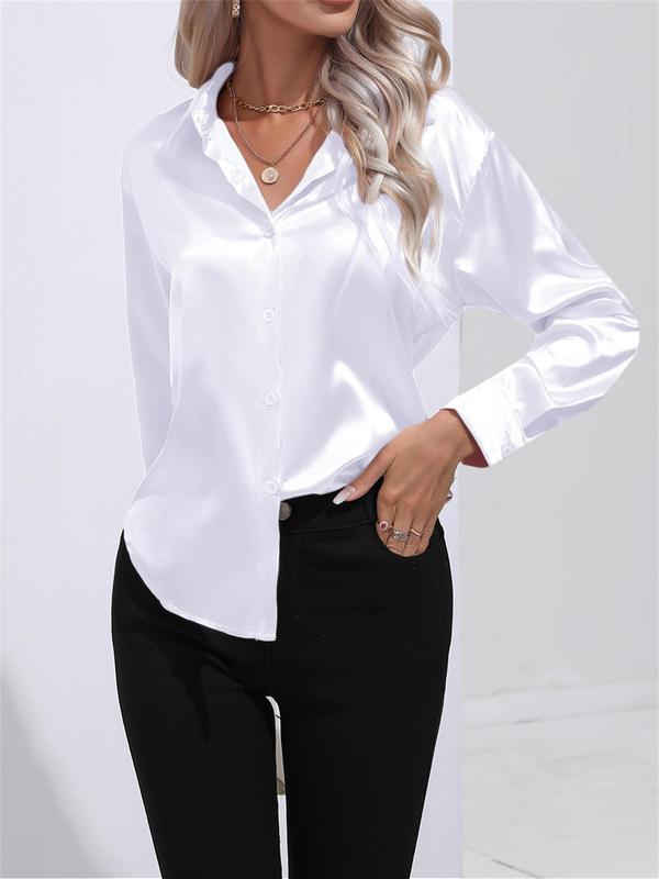 Women's Plain Button Front Satin Shirt, Elegant Long Sleeve Collared Top for Work Office Business, Ladies Clothes for All Seasons