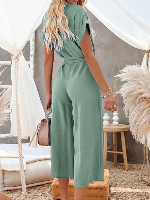 Women's Plain Button Front Crewneck Shortsleeve Belted Pocket Shirt Jumpsuit, Lady Basic Batwing Sleeve Round Neck, Summer Outfits 2024, Womenswear Overalls