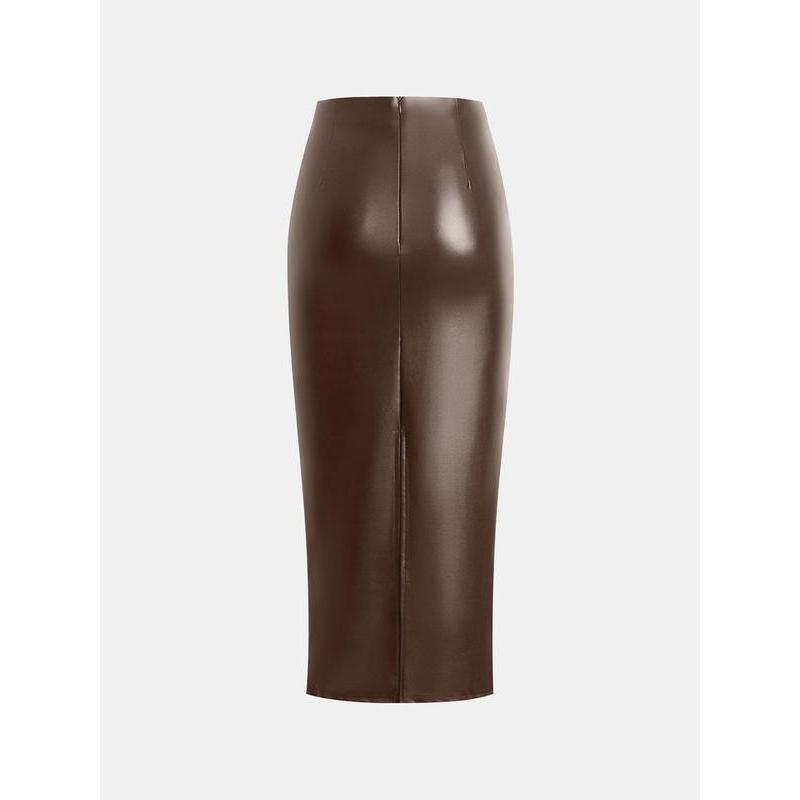 Black Friday Deals YOZY Ruched Split Hem PU Leather Skirt   Solid Fashionable High Waist Zipper Back Skirt， 2024 Women's Fall & Winter, Thanksgiving Clothes, Tiktok Shop Black Friday, Christmas 2024 Trend,Thanksgiving Clothing,Winter Clothing