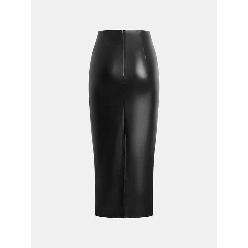 Black Friday Deals YOZY Ruched Split Hem PU Leather Skirt   Solid Fashionable High Waist Zipper Back Skirt， 2024 Women's Fall & Winter, Thanksgiving Clothes, Tiktok Shop Black Friday, Christmas 2024 Trend,Thanksgiving Clothing,Winter Clothing