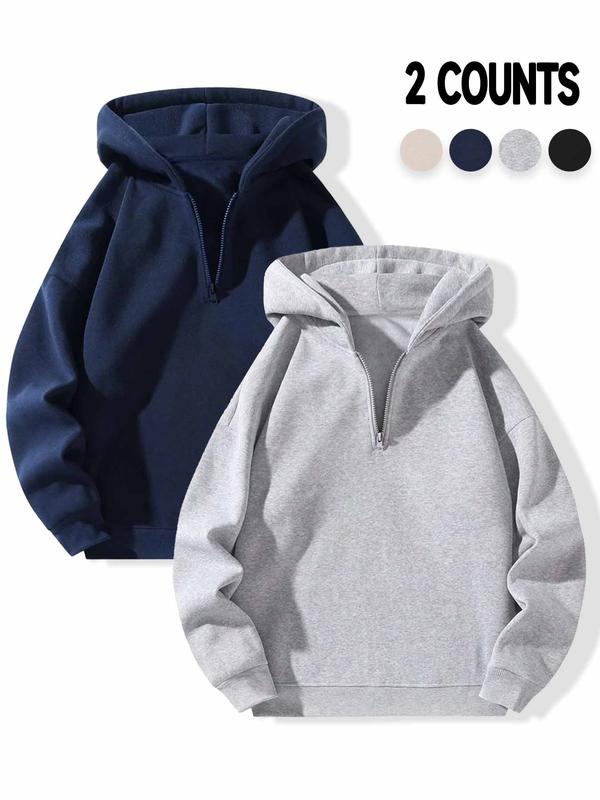 Women's Solid Drop Shoulder Half Zip Thermal Lined Hoodie, Casual Long Sleeve Hooded Sweatshirt for Fall & Winter, Women's Clothes for Daily Wear