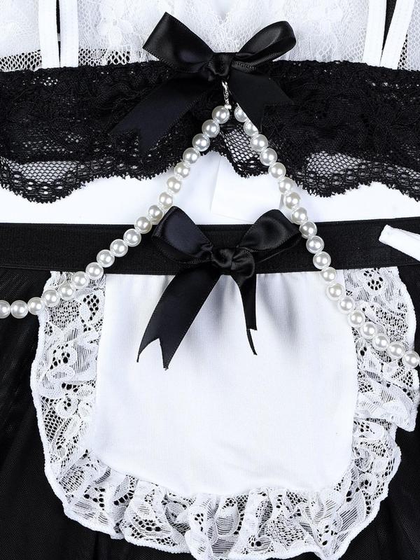 Women's Contrast Lace Bow Decor Lingerie Three-piece Set, Faux Pearls Design Cut Out Bra & Mesh Skirt & Thong Set, Women's Lingerie & Underwear for All Seasons