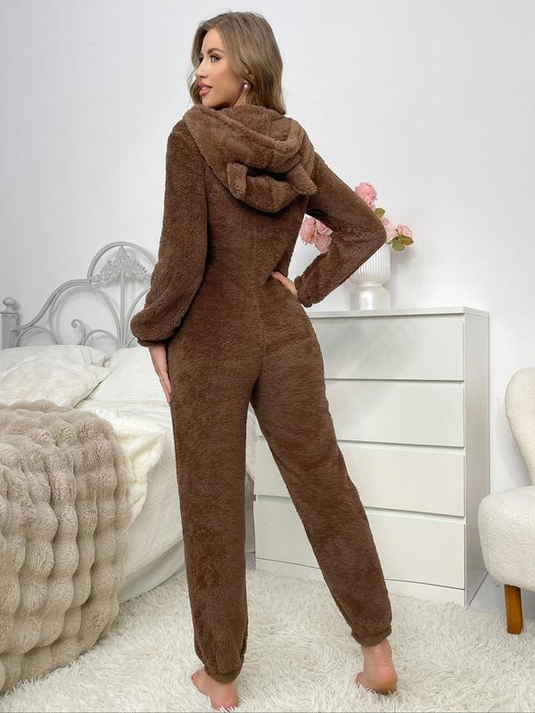 Women's Solid Zip Up Hooded Fuzzy Onesie, Casual Long Sleeve Flannel Jumpsuit for Fall & Winter, Women's Sleepwear for Indoor Wear Onesies Pajama, Jumpsuit for Women