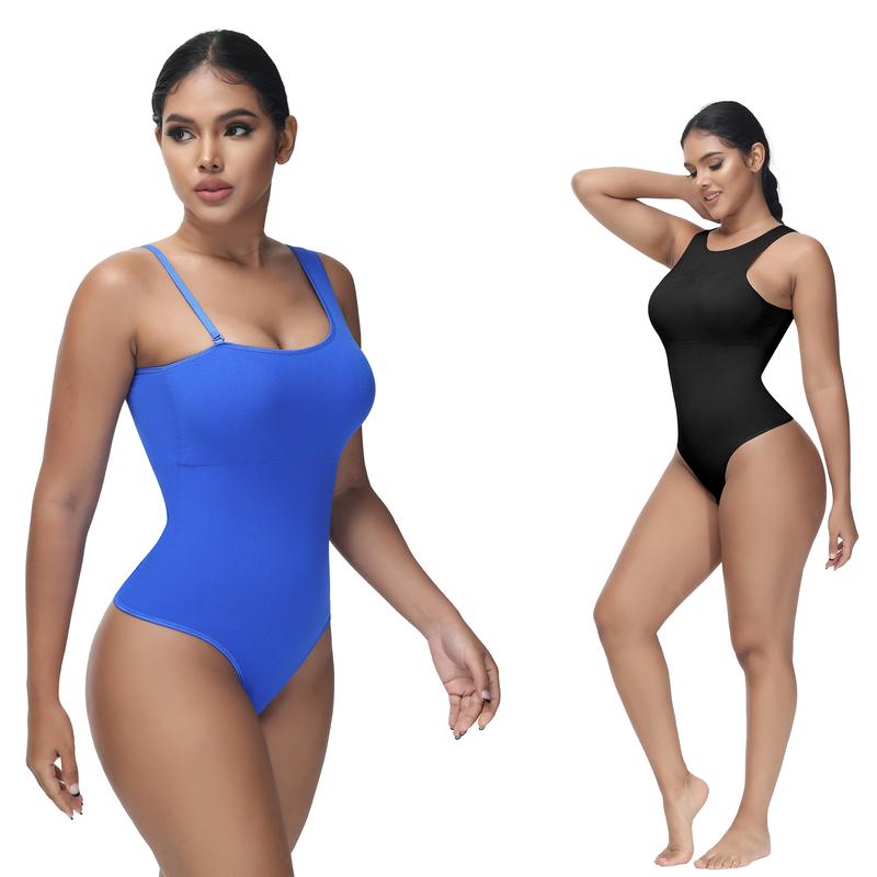 Soo slick Pack of 3 Bodysuits for Women - Tummy Control Viral Shapewear Sexy Ribbed Tank Tops Mono Strap - Short Sleeve and High Neck Bodysuit - color are at random Womenswear Everyday