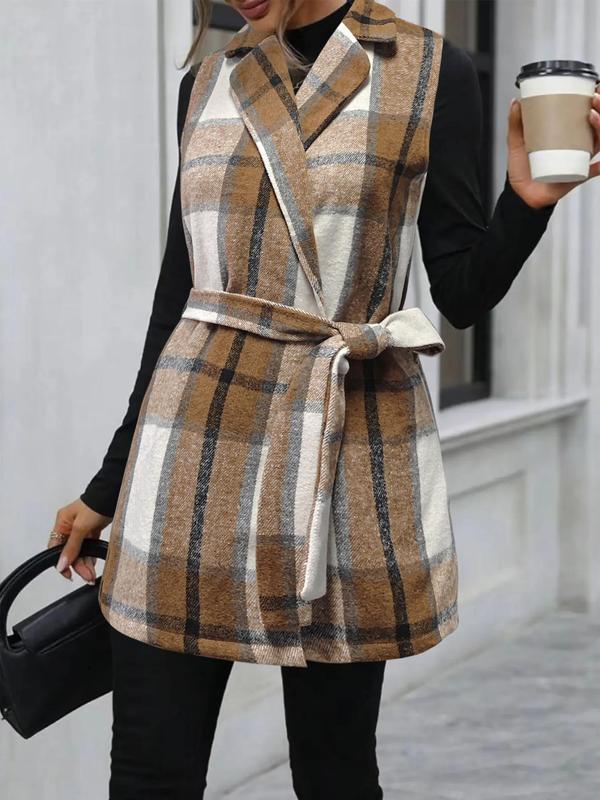 Women's Plaid Print Belted V Neck Waistcoat, Casual Fashion Comfy Gilet Coat for Daily Outdoor Wear, Women Clothes for Fall, Lady Fitted Vest Coat Womenswear, Back To School Outfit for, Halloween, Halloween Costume Tops