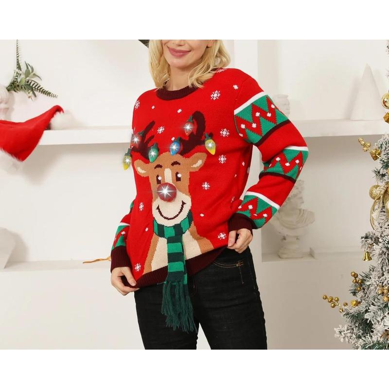 Women's Light Up Ugly Christmas Sweater with Light Bulb Reindeer Christmas Ugly Sweater Christmas Moose Knit Men's and Women's Couples Red Black