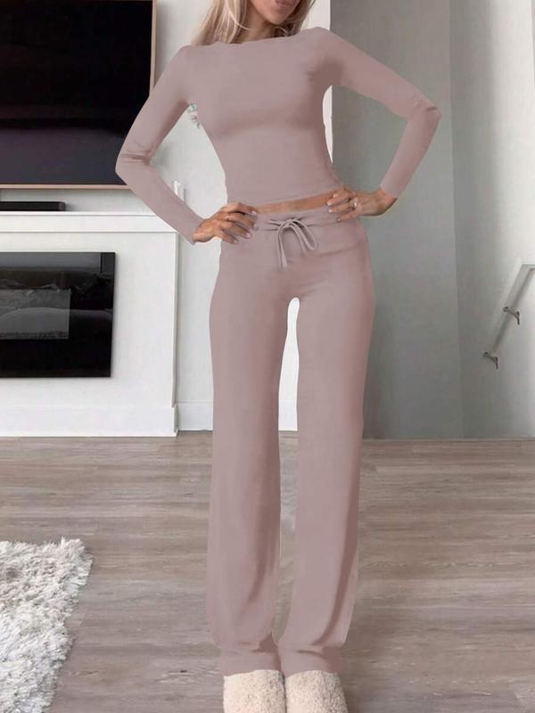 Women's Solid Drawstring Lounge Set, Casual Long Sleeve Round Neck Top & Pants Loungewear Set, Ladies Sleepwear for Spring & Fall