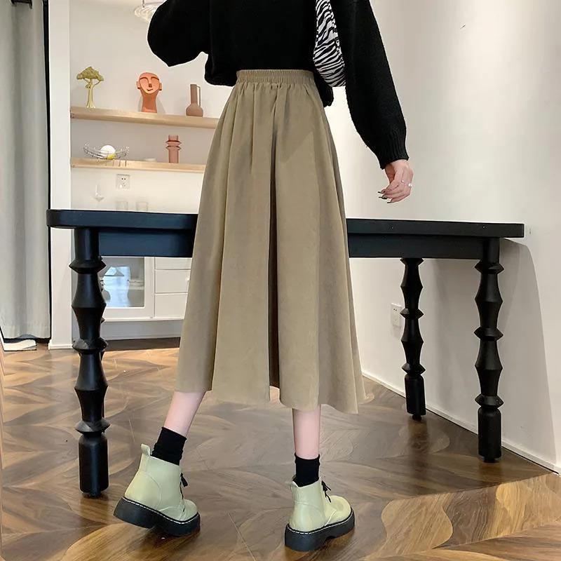 Fall Winter Women's Pleated Skirts Vintage High Waist Corduroy Long Skirt Woman Streetwear Simple All-match A-line Midi Skirts