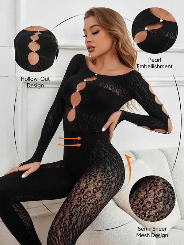 Women's Leopard Print Cut Out Faux Pearl Decor Skinny Jumpsuit, Sexy Summer Jumpsuit, Back To School Jumpsuit for Women, Elegant Fashion Casual Contrast Mesh Sheer Bodycon Jumpsuit, Women Jumpsuits for Fall