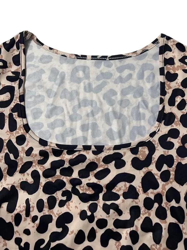 Women's Leopard Print Square Neck Long Sleeve Bodysuit, Casual Comfy Bodysuit for Daily Wear, Ladies Clothes for Fall & Winter