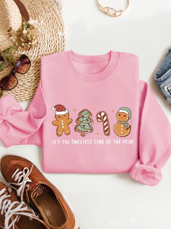 Women's Christmas Themed Cartoon Gingerbread Print Crew Neck Sweatshirt, Casual Letter Print Long Sleeve Pullover for Daily Wear, Ladies Fall & Winter Clothes