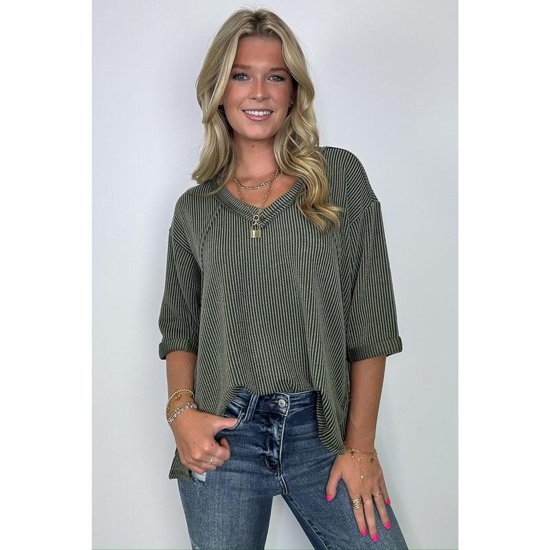 Relaxed Rhythm Corded Rib V-Neck Top - FINAL SALE