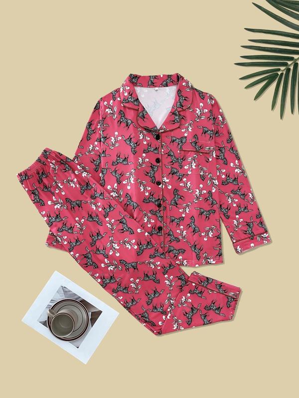 Two-Piece Set Women's Floral & Horse Print Pyjama, Casual Comfy Pocket Button Front Lapel Shirt & Elastic Waist Pants PJ Set, Women's Sleepwear for Fall & Winter