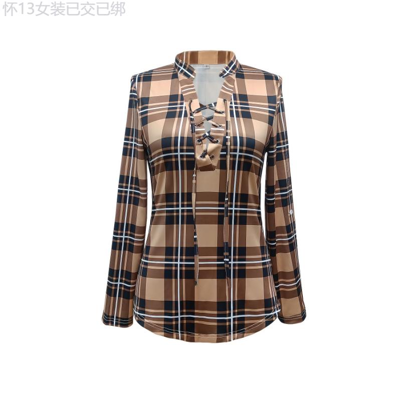 Elegant Plaid V-neck Tie-Front Blouse  Versatile, Breathable & Easy-Care Women's Top for Spring Fall Collar Fabric pleated blouse knitted shirt