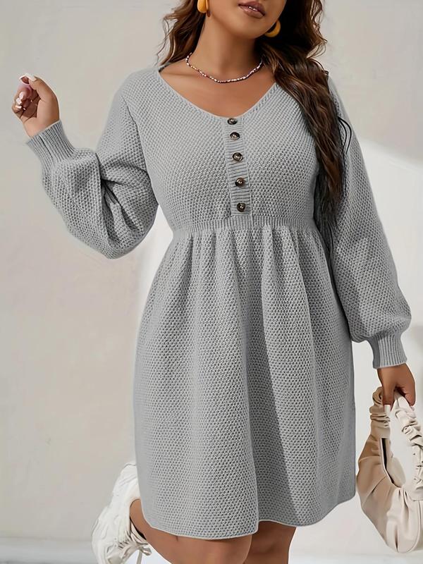 Plus Size Solid Button V Neck Longsleeves Sweater Dress, Casual Long Sleeve Knit Dress for Daily Outdoor Wear, Women Plus Clothing for All Seasons