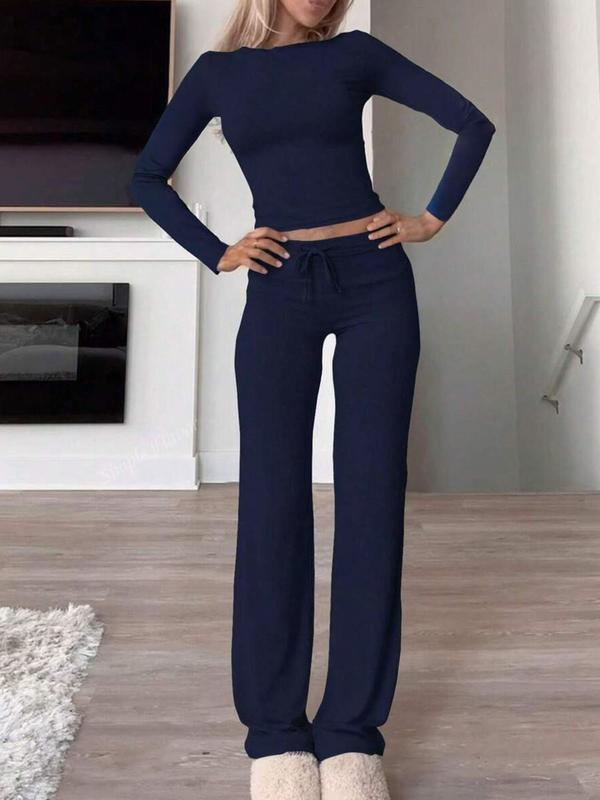 Women's Solid Drawstring Lounge Set, Casual Long Sleeve Round Neck Top & Pants Loungewear Set, Ladies Sleepwear for Spring & Fall