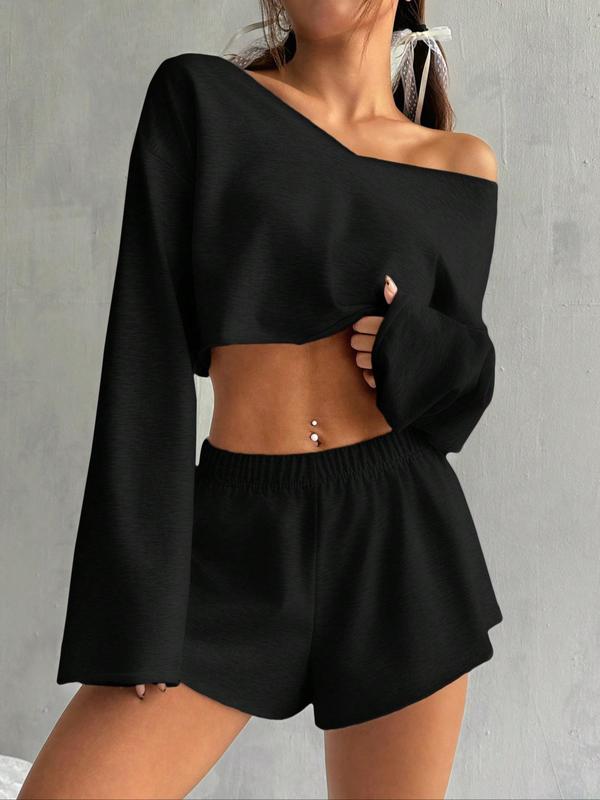 Women's Solid Drop Shoulder Long Sleeve Crop Top & Elastic Waist Shorts Two-piece Set, Casual Fashion Cozy Two Piece Outfits for Daily Wear, Ladies Clothes for All Seasons