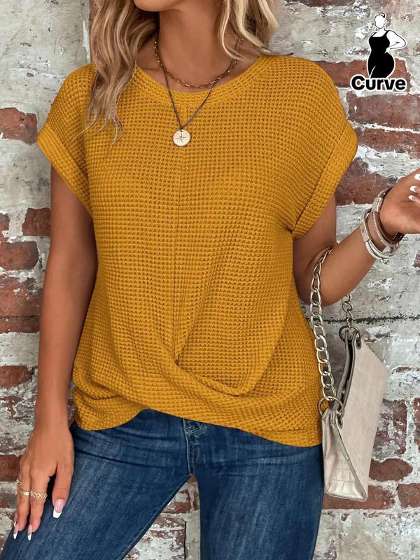  Twist Batwing Sleeve Waffle Knit Top, Casual Basic Comfort Short Sleeve Round Neck Knitting Top, Lady Plus Clothing for All Seasons, Womenswear