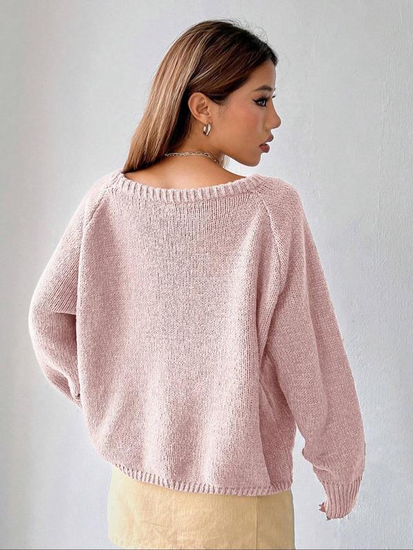 Women's Plain Raglan Sleeve Crew Neck Sweater, Casual Long Sleeve Jumper for Fall & Winter, Fashion Ladies' Knitwear for Daily Wear