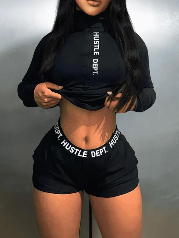 Women's Letter Print Zipper Shorts Two-piece Set, Casual High Neck Tee & Pocket Shorts Set, Two Piece Set, Summer Clothes Women, Ladies Clothes for Daily Wear