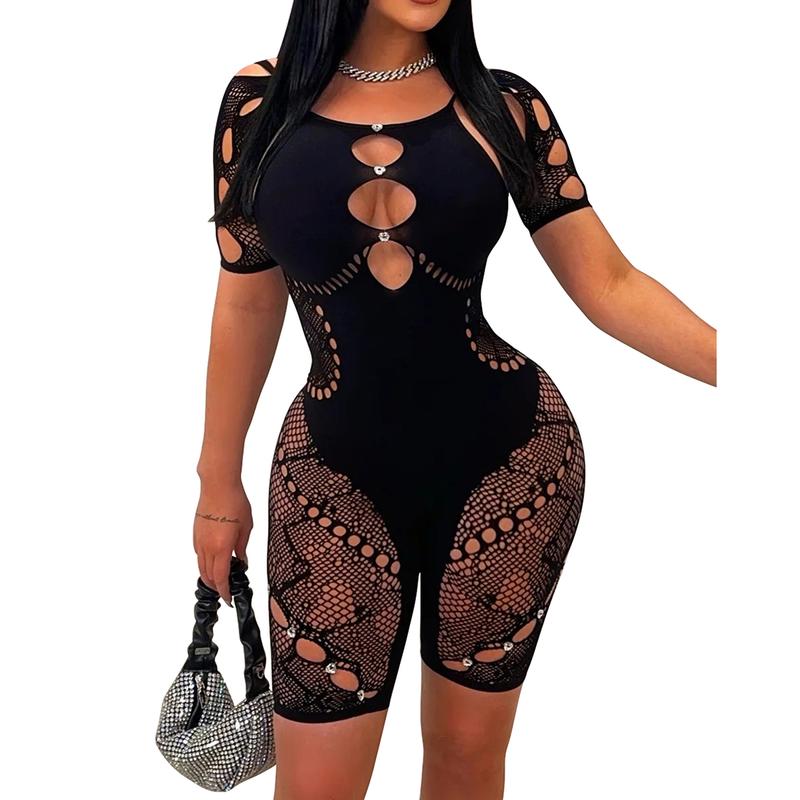 TOB Women's Sexy Sheer Mesh Hollow Out Club Short Jumpsuit One Piece Romper