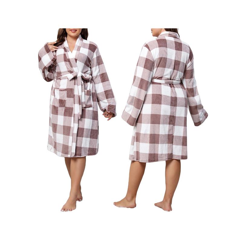 Women Flannel Bathrobe Plus Size Warm Long Sleeve Spa Night Kimono Robe with Belt for Soft Pajama Outfit la perla  loungewear Nightwear Womenswear Bathing Bridal