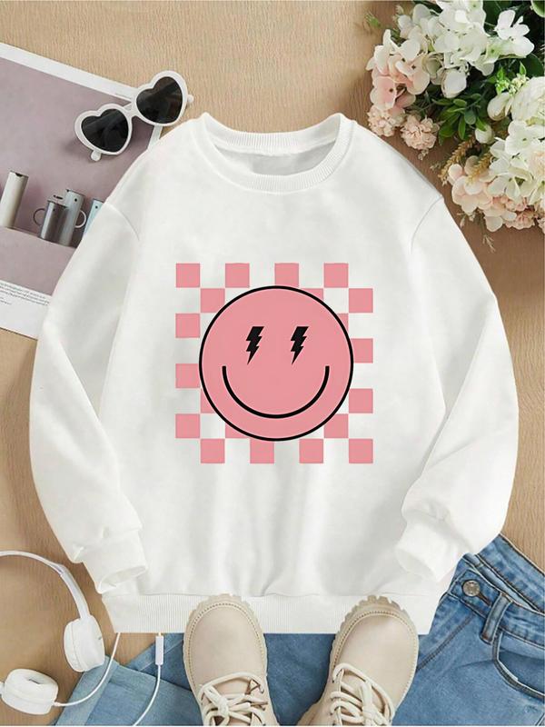 Women's Smile Face Print Drop Shoulder Sweatshirt, 2024 New Style Casual Long Sleeve Round Neck Pullover for Fall & Winter, Women's Clothes for Daily Wear