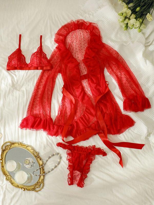 Floral Lace Ruffle Trim Lingerie Set & Belted Robe