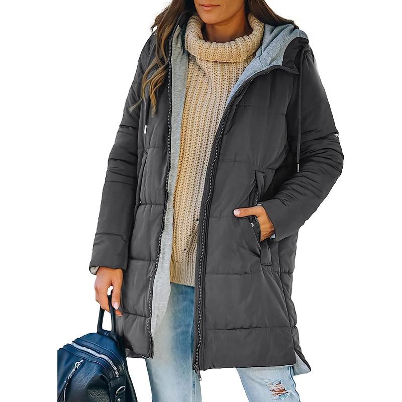 Fisoew Womens Warm Puffer Down Jacket Hooded Winter Lightweight Mid Quilted Coat with Pockets