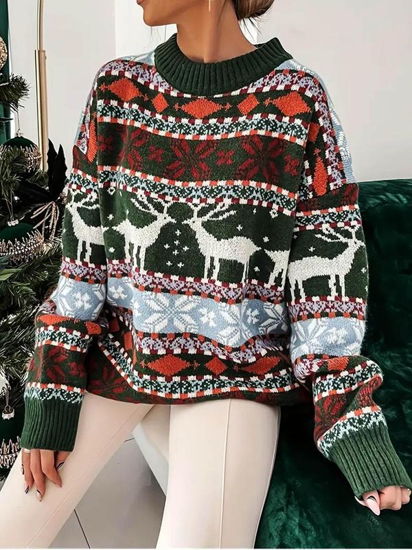 Women's All Over Print Drop Shoulder Sweater Pullover, Casual Long Sleeve Round Neck Jumper for Fall & Winter, Fashion Ladies' Knitwear for Daily Wear