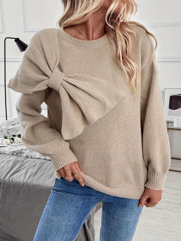 Women's Plain Big Bow Decor Drop Shoulder Sweater Pullover, Elegant Fashion Casual Long Sleeve Jumper for Daily Outdoor Wear, Sweaters for Women, Women Knitwear for Fall & Winter